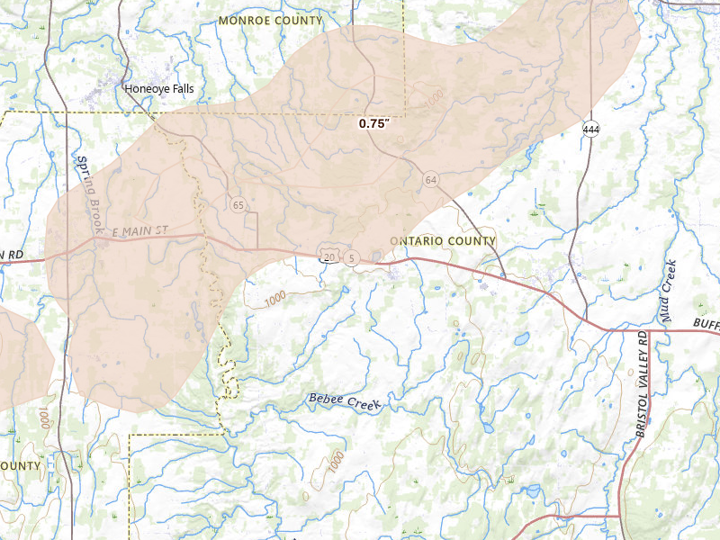 Radar-estimated hail-size map of the storm over Bloomfield, NY on Sep 2, 2026