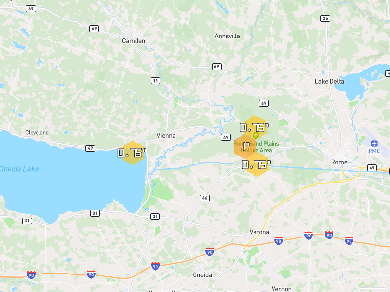 Hail map of Blossvale, NY on Jul 1, 2026, hail up to 1"