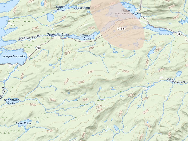 Radar-estimated hail-size map of the storm over Blue Mountain Lake, NY on Aug 14, 2026
