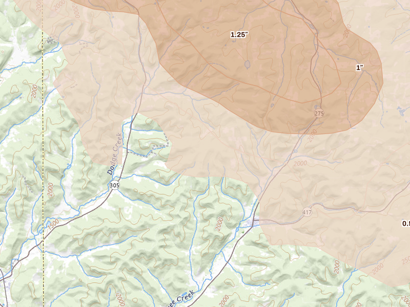 Radar-estimated hail-size map of the storm over Bolivar, NY on Sep 2, 2026