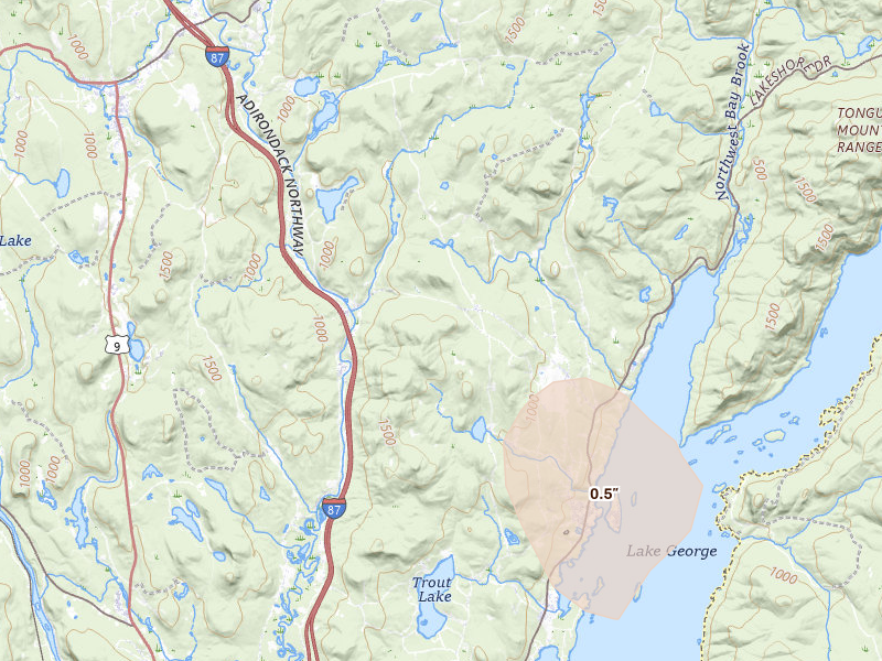 Radar-estimated hail-size map of the storm over Bolton Landing, NY on Jul 1, 2026