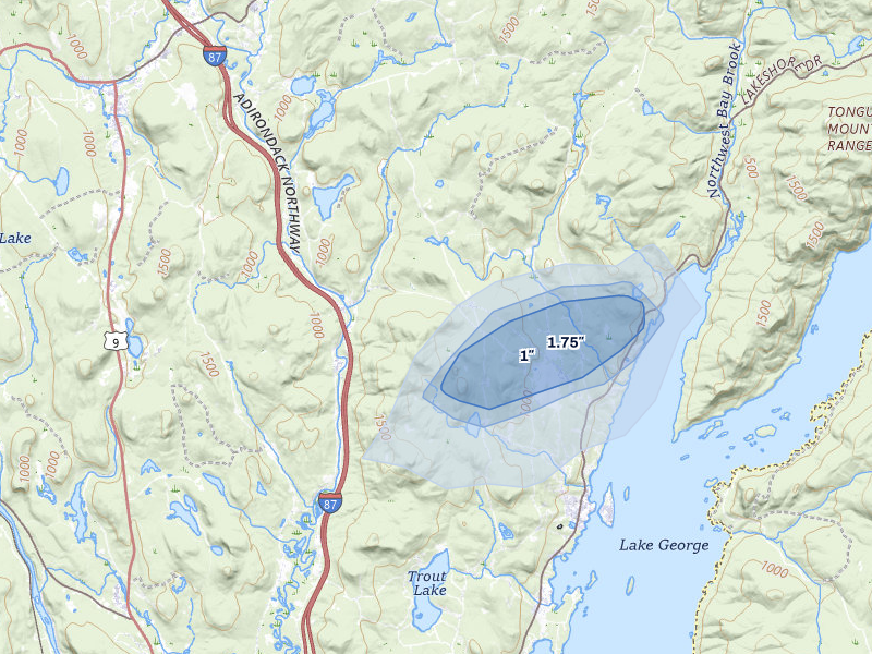 NEXRAD radar-signature map of the hail over Bolton Landing, NY