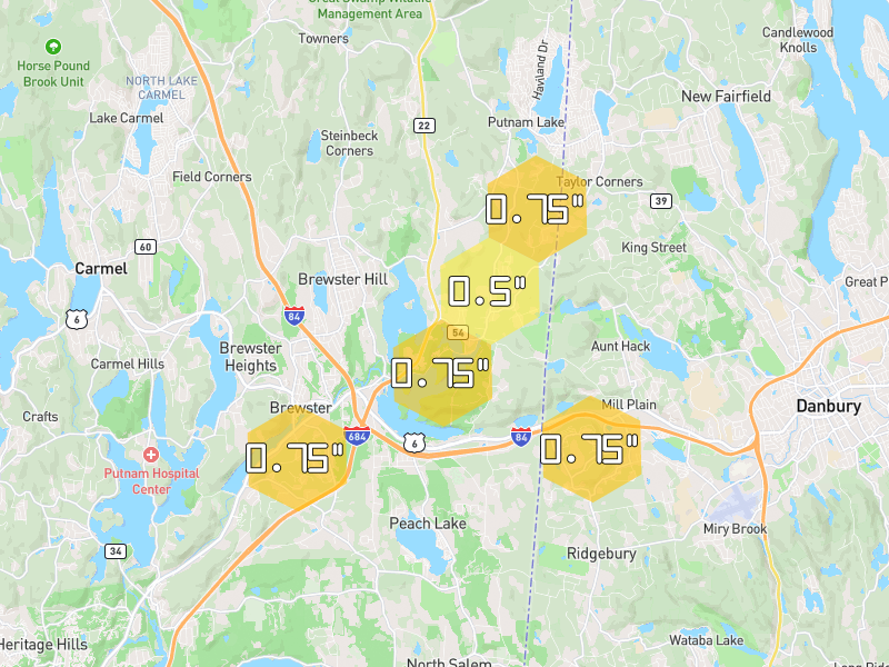 Hail map of Brewster, NY on Jul 21, 2026, hail up to 0.75"