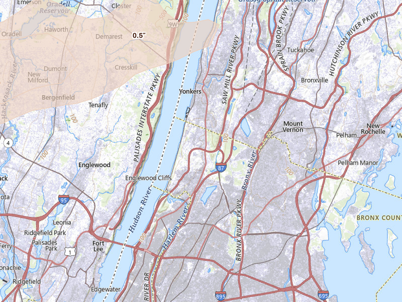 Radar-estimated hail-size map of the storm over Bronx, NY on Jul 21, 2026