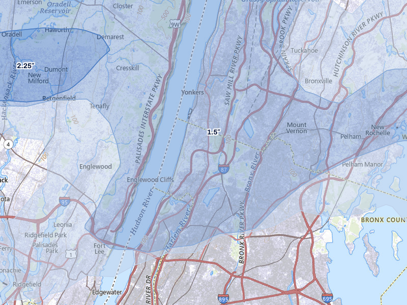 NEXRAD radar-signature map of the hail over Bronx, NY
