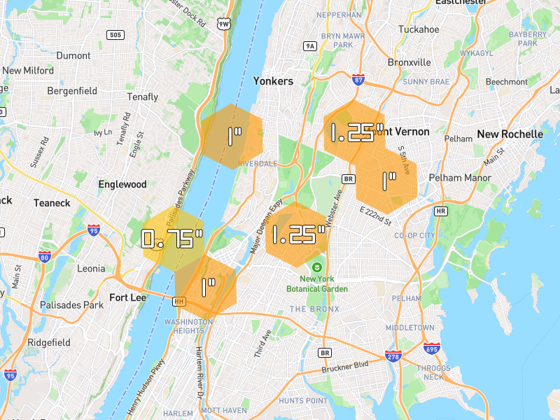 Hail map of Bronx, NY on Jul 21, 2026, hail up to 1.25"