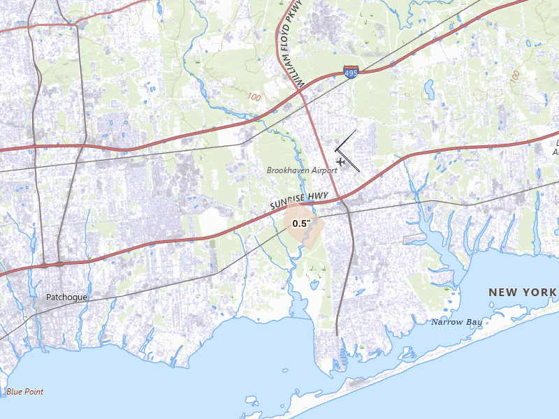 Radar-estimated hail-size map of the storm over Brookhaven, NY on Aug 4, 2026