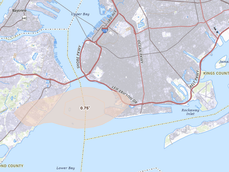 Radar-estimated hail-size map of the storm over Brooklyn, NY on May 20, 2026