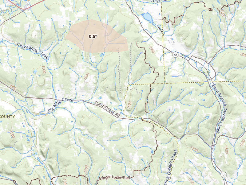 Radar-estimated hail-size map of the storm over Brooktondale, NY on Jul 1, 2026
