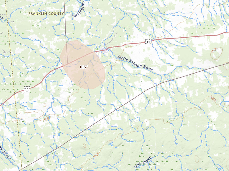 Radar-estimated hail-size map of the storm over Brushton, NY on Jul 14, 2026
