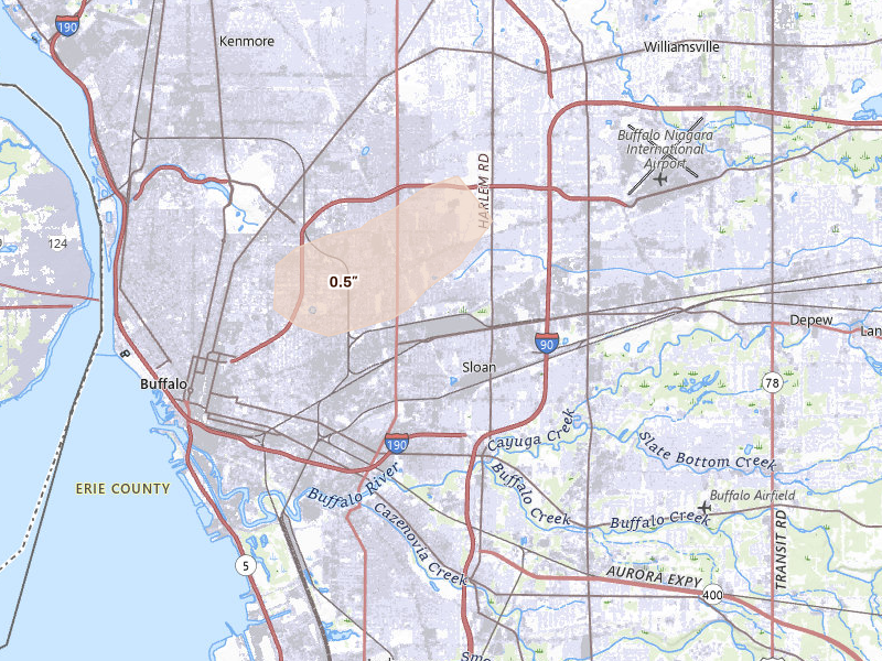 Radar-estimated hail-size map of the storm over Buffalo, NY on Aug 7, 2026