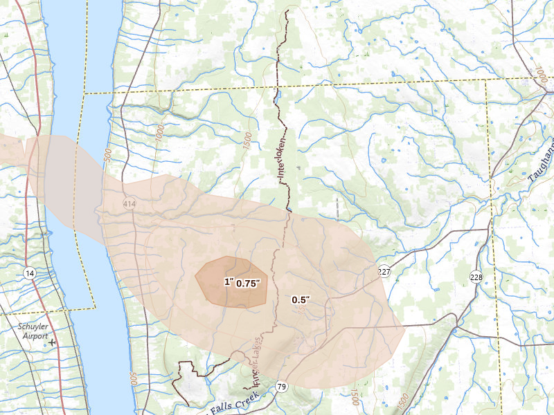 Radar-estimated hail-size map of the storm over Burdett, NY on Jul 3, 2026