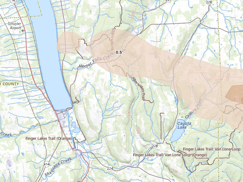 Radar-estimated hail-size map of the storm over Burdett, NY on Aug 12, 2026