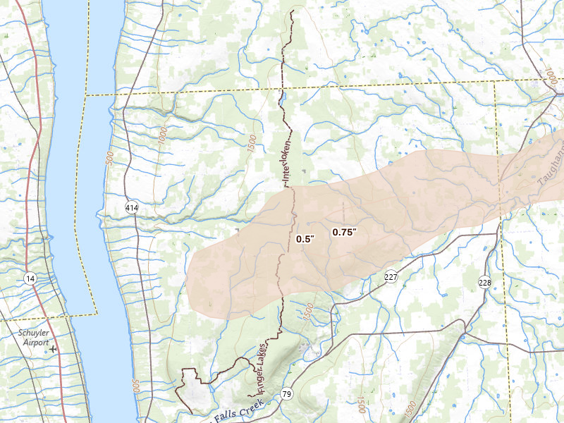 Radar-estimated hail-size map of the storm over Burdett, NY on Aug 27, 2026