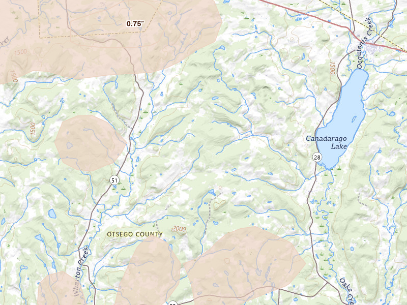 Radar-estimated hail-size map of the storm over Burlington Flats, NY on Jul 1, 2026