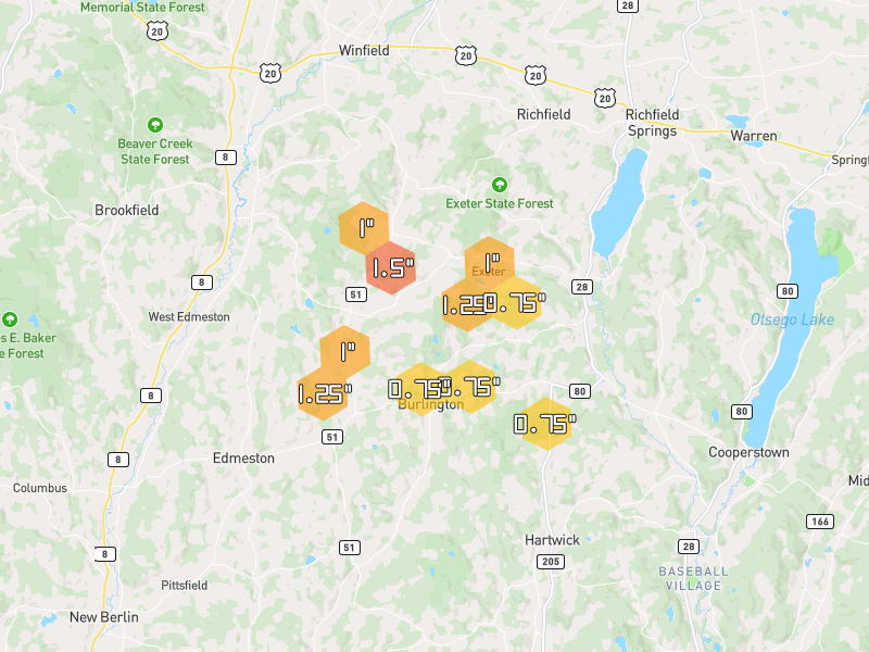 Hail map of Burlington Flats, NY on Jul 2, 2026, hail up to 1.5"