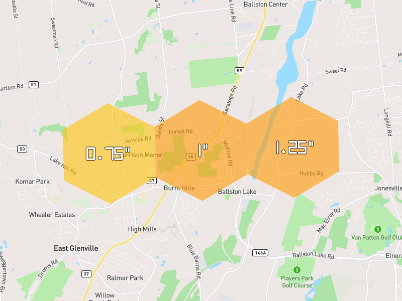 Hail map of Burnt Hills, NY on Jul 1, 2026, hail up to 1.25"