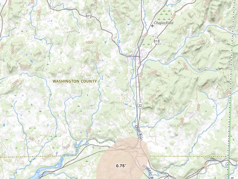 Radar-estimated hail-size map of the storm over Buskirk, NY on Jul 28, 2026