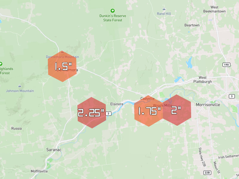 Hail map of Cadyville, NY on Jul 2, 2026, hail up to 2.25"