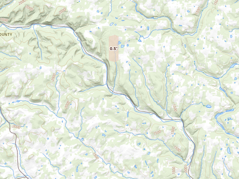 Radar-estimated hail-size map of the storm over Cameron, NY on Jun 26, 2026