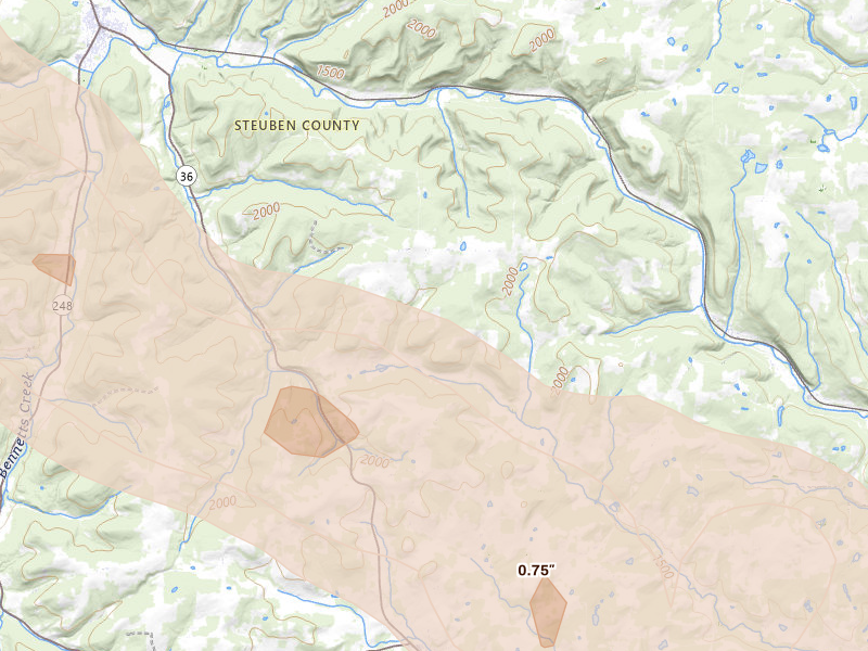 Radar-estimated hail-size map of the storm over Cameron, NY on Sep 2, 2026