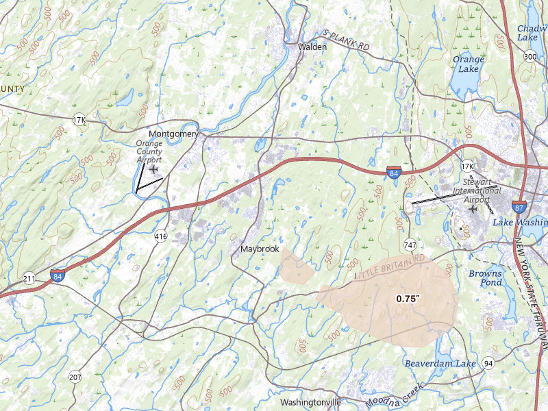 Radar-estimated hail-size map of the storm over Campbell Hall, NY on Aug 12, 2026