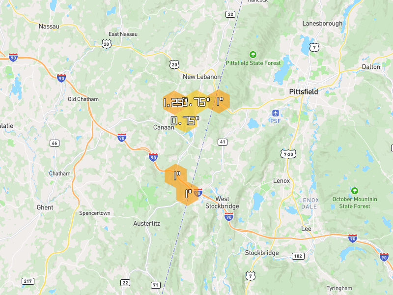 Hail map of Canaan, NY on Jul 3, 2026, hail up to 1.25"