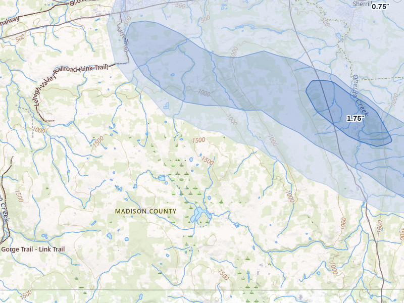 NEXRAD radar-signature map of the hail storm over Canastota, NY on Jul 1, 2026