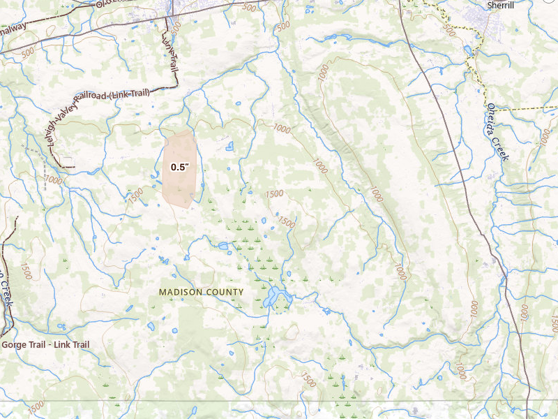 Radar-estimated hail-size map of the storm over Canastota, NY on Jul 15, 2026