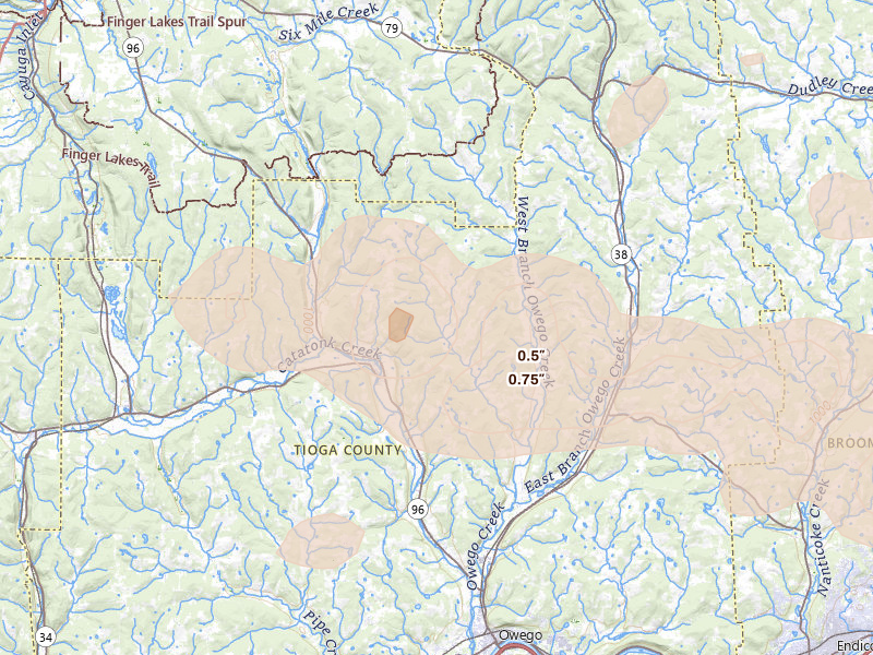 Radar-estimated hail-size map of the storm over Candor, NY on Mar 31, 2026