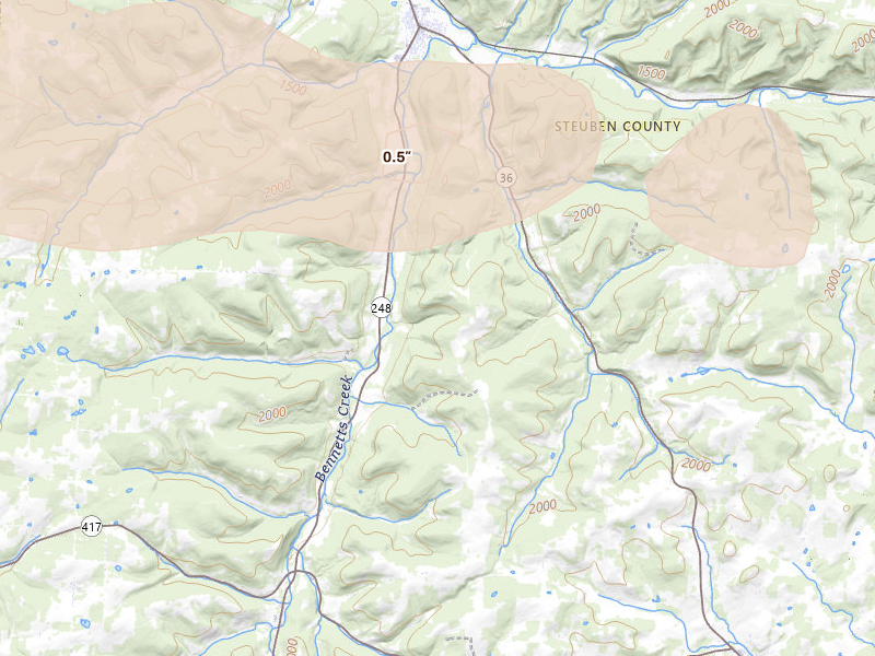 Radar-estimated hail-size map of the storm over Canisteo, NY on Mar 31, 2026