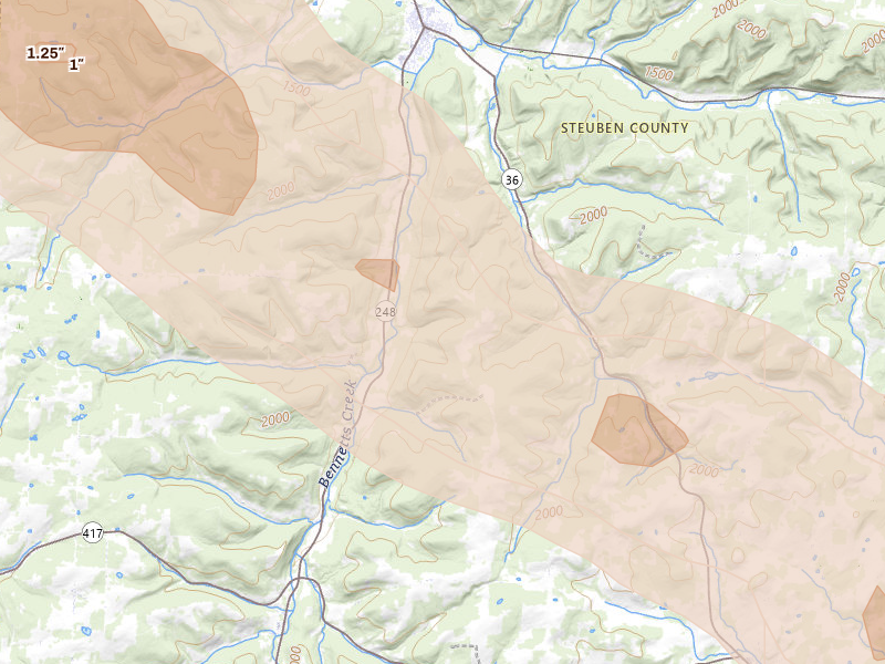 Radar-estimated hail-size map of the storm over Canisteo, NY on Sep 2, 2026
