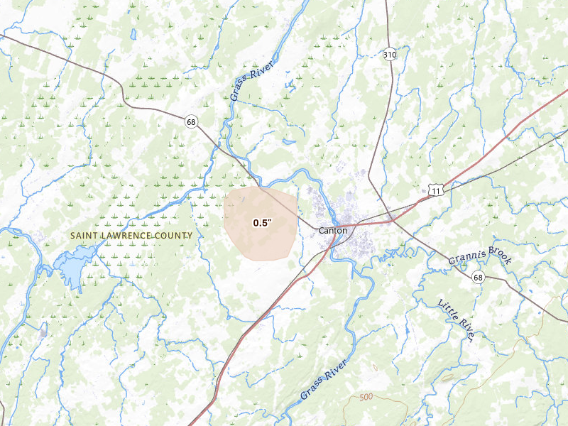 Radar-estimated hail-size map of the storm over Canton, NY