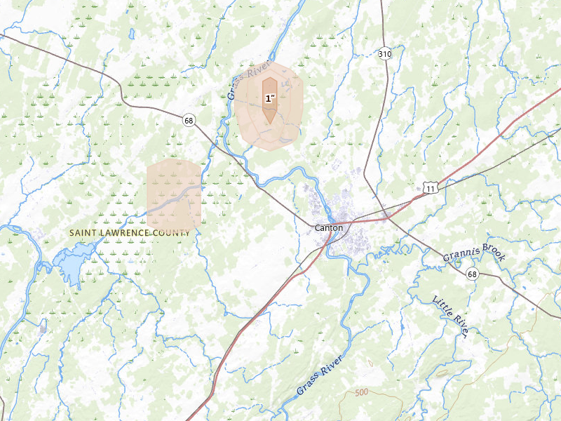 Radar-estimated hail-size map of the storm over Canton, NY