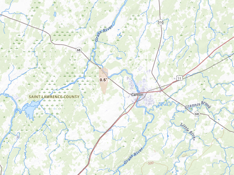 Radar-estimated hail-size map of the storm over Canton, NY