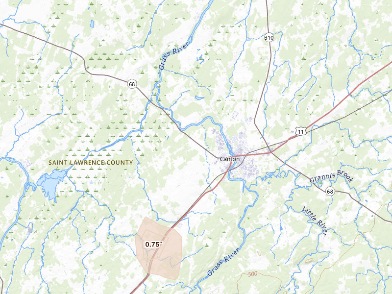 Radar-estimated hail-size map of the storm over Canton, NY