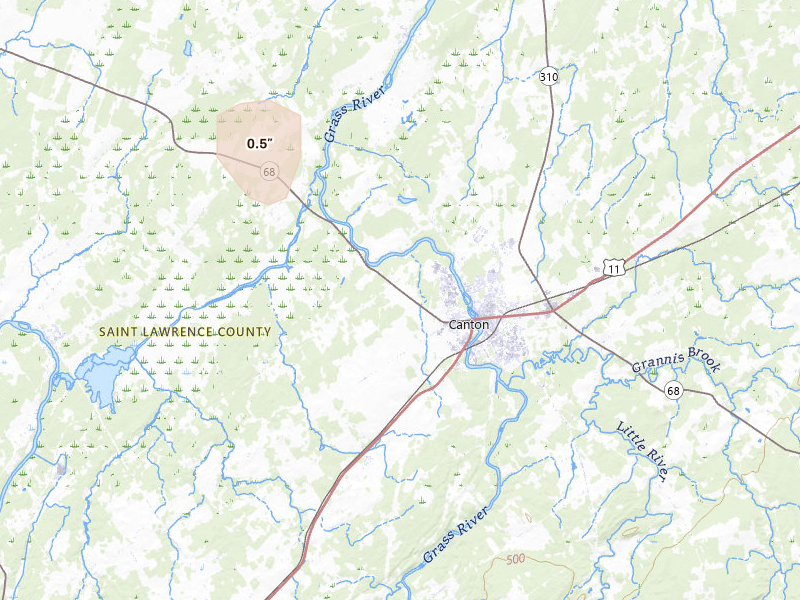 Radar-estimated hail-size map of the storm over Canton, NY on May 11, 2026