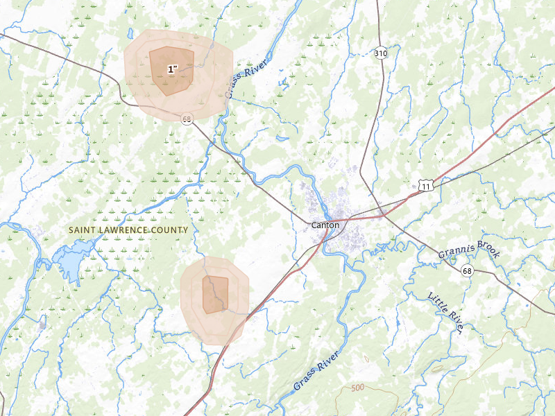 Radar-estimated hail-size map of the storm over Canton, NY on Jul 15, 2026