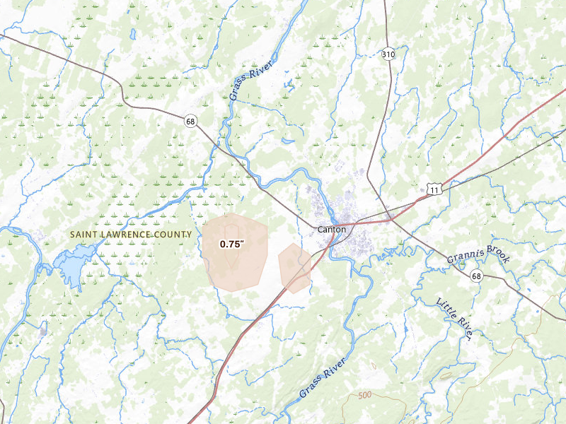 Radar-estimated hail-size map of the storm over Canton, NY on Jul 18, 2026