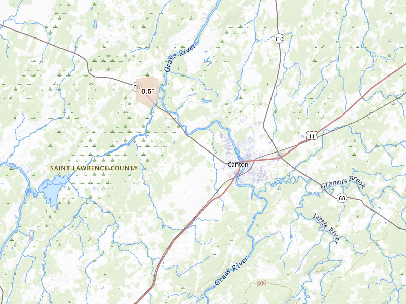 Radar-estimated hail-size map of the storm over Canton, NY on Jul 29, 2026