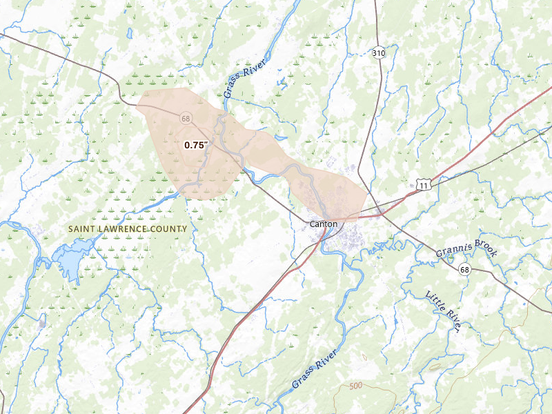Radar-estimated hail-size map of the storm over Canton, NY on Aug 10, 2026