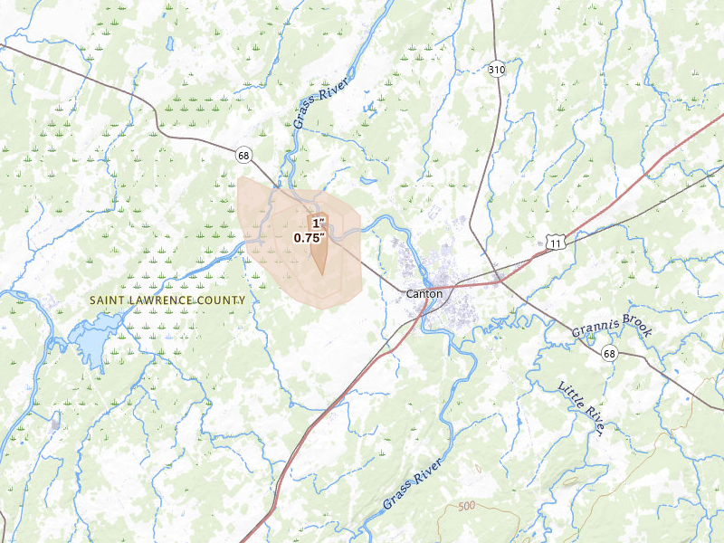 Radar-estimated hail-size map of the storm over Canton, NY on Sep 1, 2026