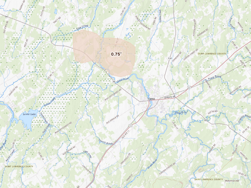 Radar-estimated hail-size map of the storm over Canton, NY