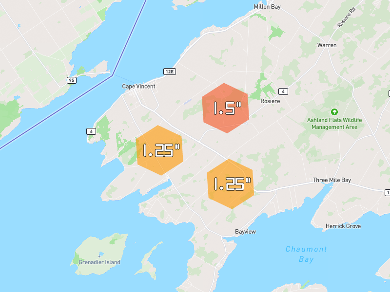 Hail map of Cape Vincent, NY on Jun 30, 2026, hail up to 1.5"