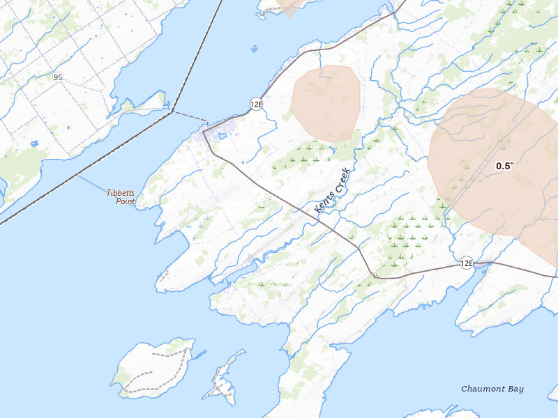 Radar-estimated hail-size map of the storm over Cape Vincent, NY on Jul 1, 2026