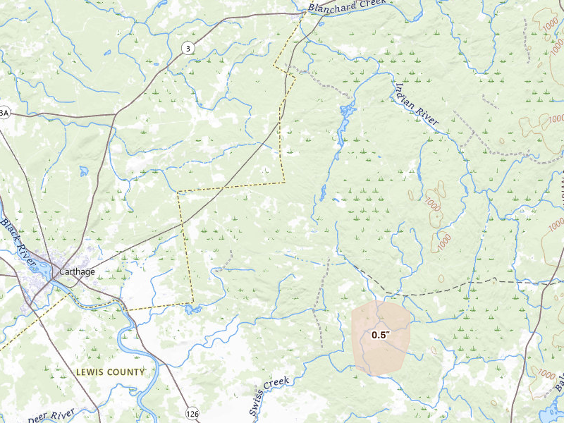 Radar-estimated hail-size map of the storm over Carthage, NY on May 5, 2026