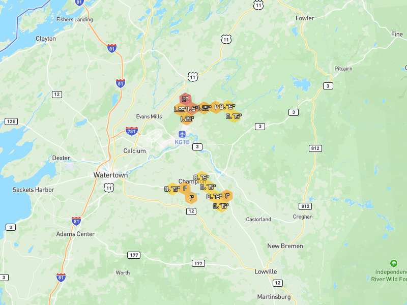 Hail map of Carthage, NY on Jul 2, 2026, hail up to 2"