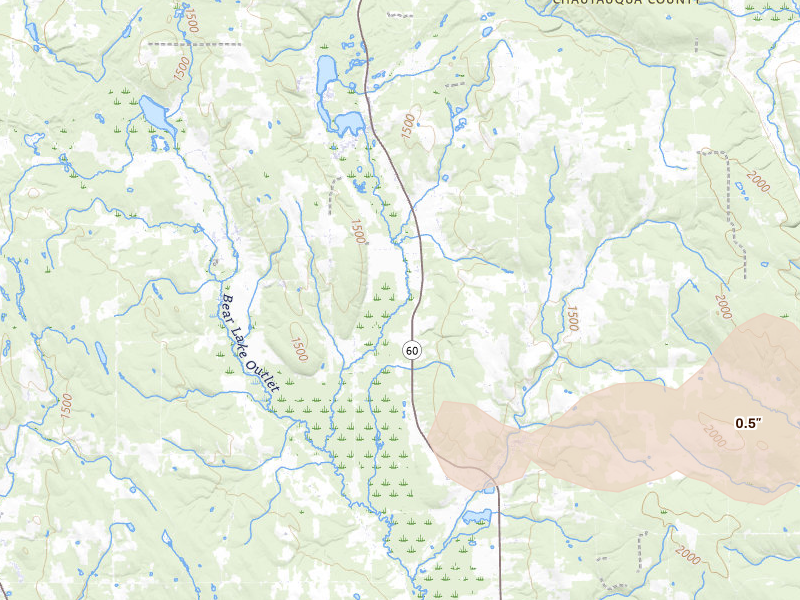 Radar-estimated hail-size map of the storm over Cassadaga, NY on Jul 27, 2026