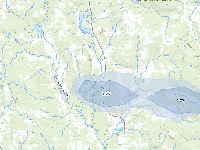 NEXRAD radar-signature map of the hail storm over Cassadaga, NY on Jul 27, 2026