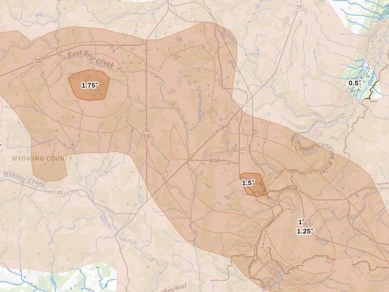 Radar-estimated hail-size map of the storm over Castile, NY on Sep 2, 2026